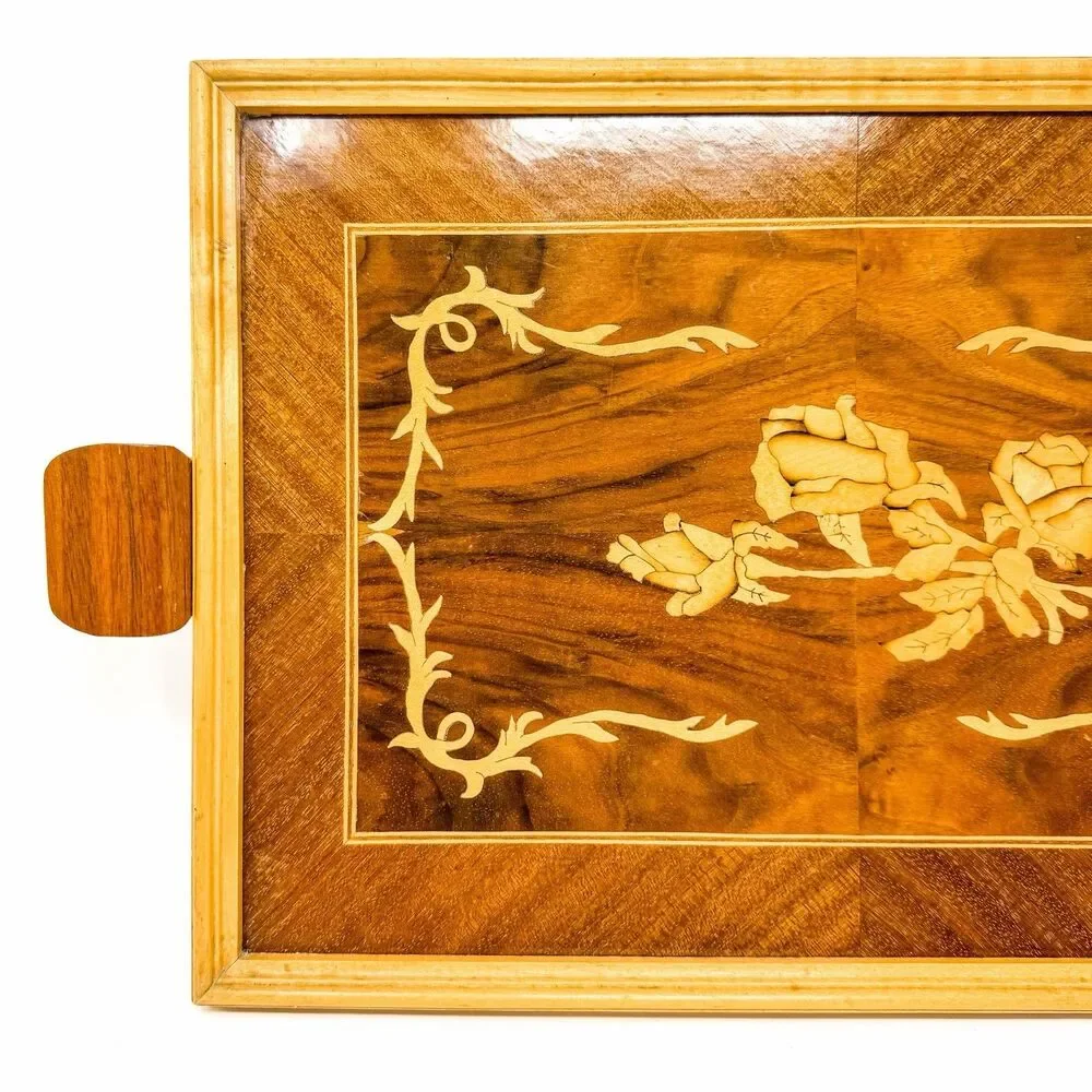 Vintage Wood Marquetry Serving Tray Floral Rose Inlay Wood Handles